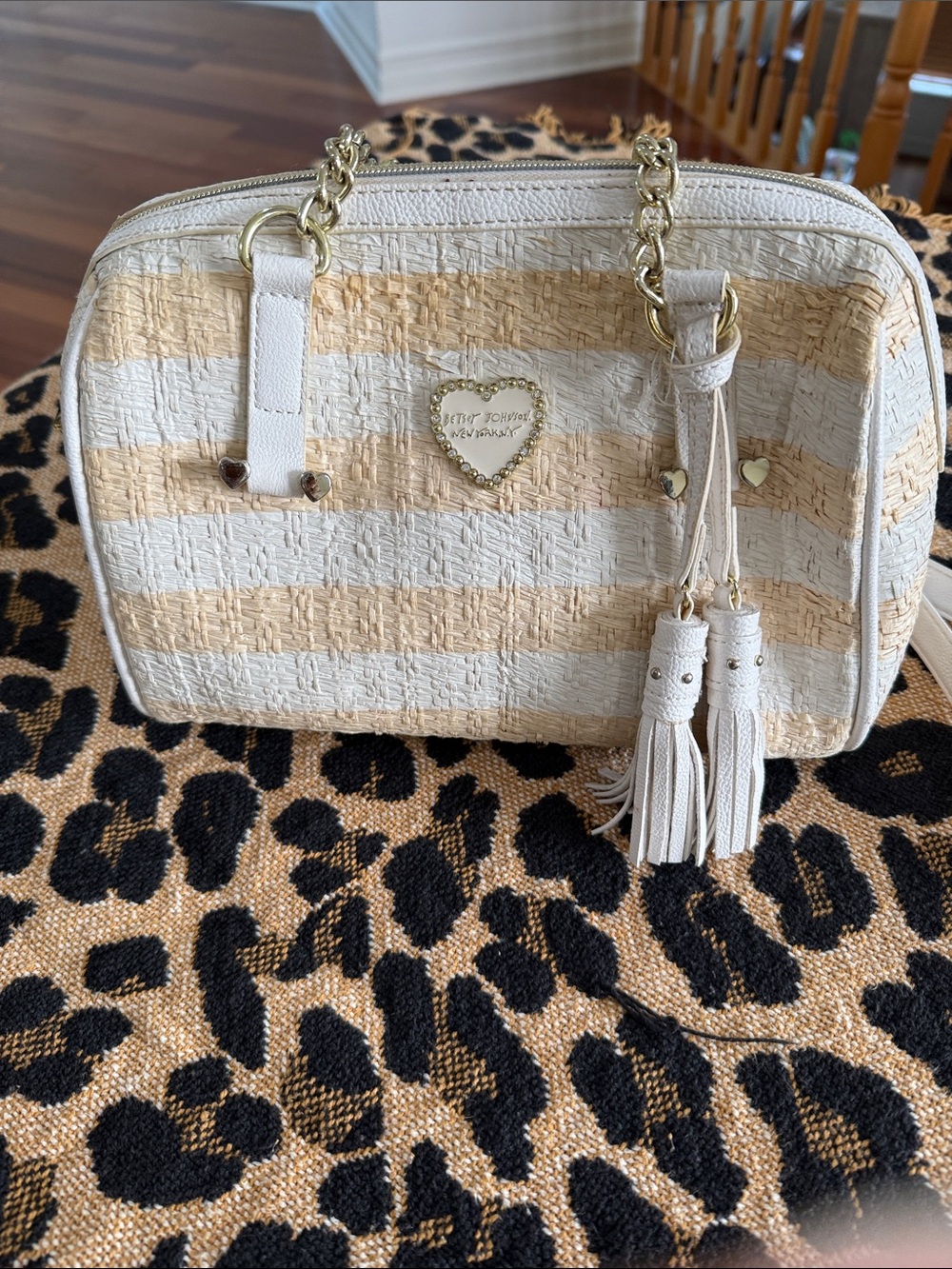 Betsey Johnson New York NY Collection Straw Woven White Tan Crossbody Tassels